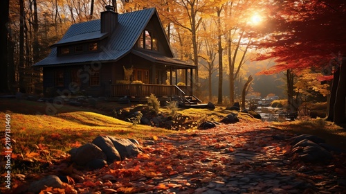 Cozy Wooden Cabin in Autumn Forest with Sunlight and Falling Orange Leaves Digital Illustration Background