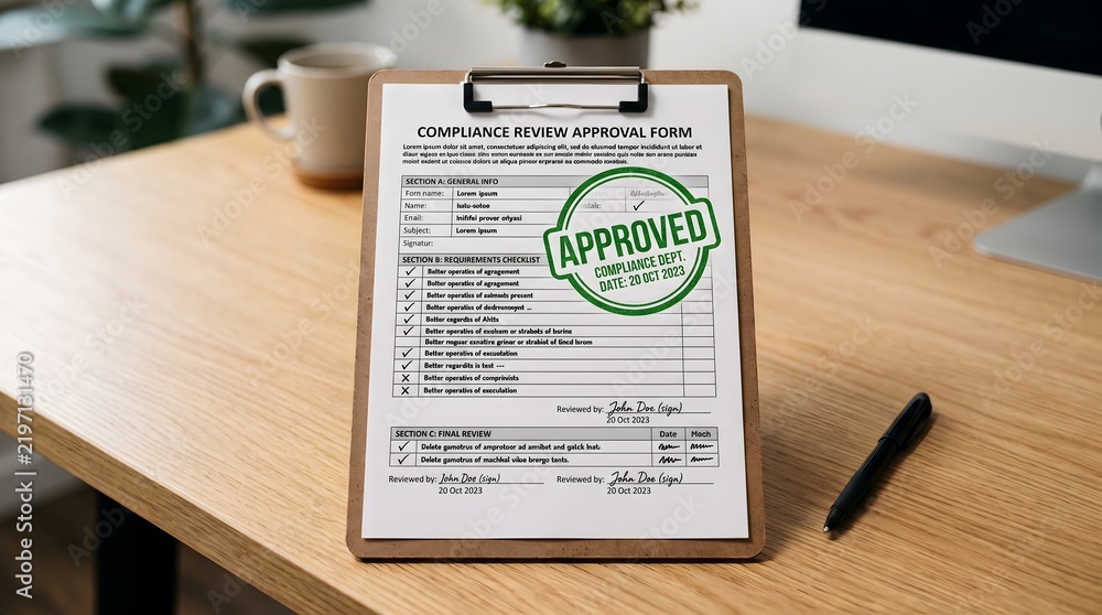 Obraz premium Approved compliance review form on a clipboard atop a wooden desk