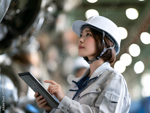 Naklejka 工場でタブレットを使い設備点検する女性作業員