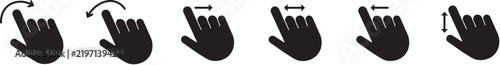 Outline and solid touch gesture hand swipe and scroll icon set, UI and UX vector graphic collection. Vector icon set of swipe and scroll gestures with hand cursors. Hand finger gesture icon set, slide