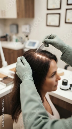 Trichologist examining woman hair and scalp in modern medical clinic
