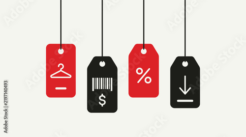 Hanging retail price tags with shopping icons and symbols