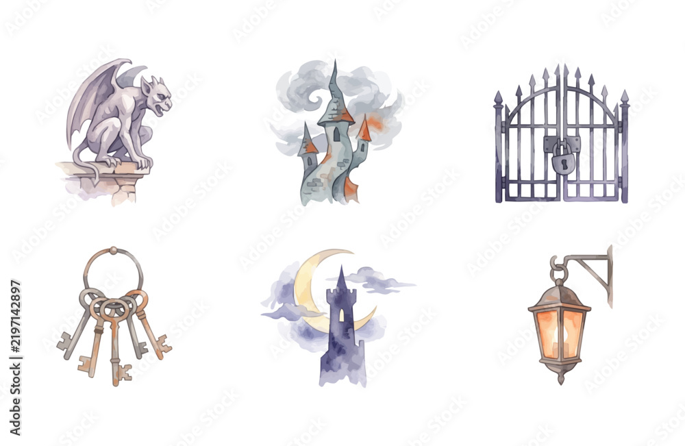 Obraz premium Watercolor Creepy Castle Building Icon Set on White Background