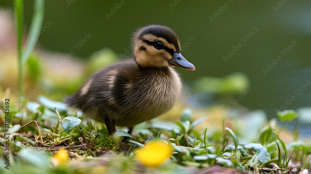 Obraz premium A small duckling stands alert among green grass and moss with a blurred natural background