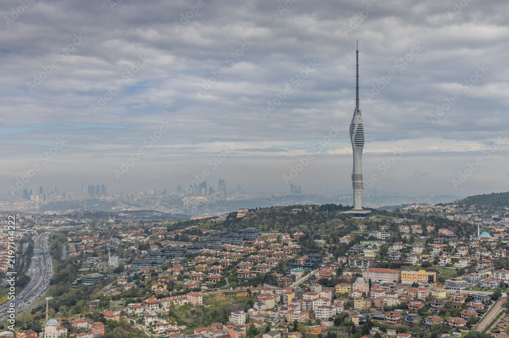 Obraz premium Panoramic view of the futuristic Camlica Tower on a hill in Istanbul, Turkey