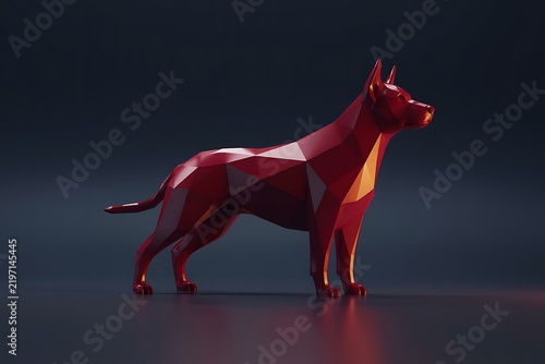 Sleek low poly red dog statue dark studio lighting background wallpaper illustration