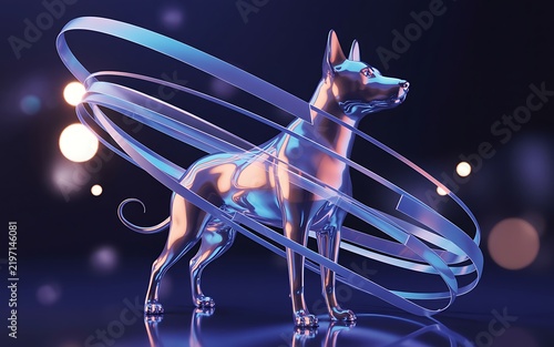 Abstract futuristic metallic dog figurine glowing light spiral dark bokeh backdrop illustration