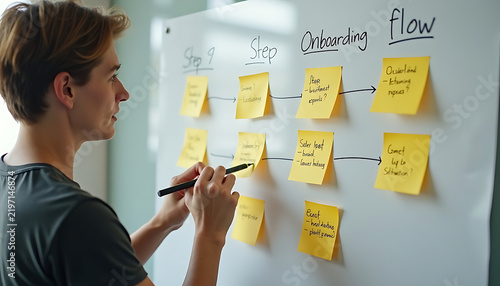 Person writing on a whiteboard with yellow sticky notes for onboarding flow.