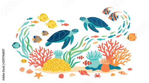Underwater coral reef scene with sea turtles and tropical fish