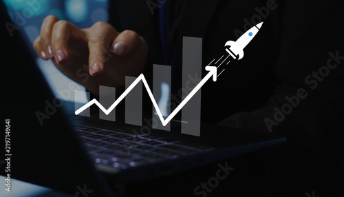 Business Growth Concept With Laptop And Digital Rocket Launch