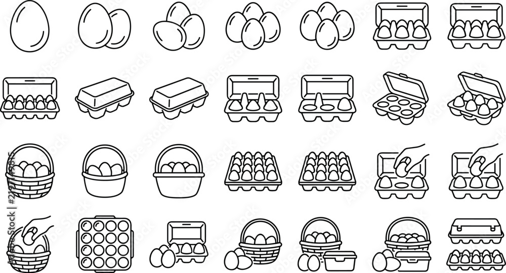 Fototapeta premium Egg Box Icon Set with Basket Carton and Farm Food Product Line VectorsEgg Box Icon Set with Basket Carton and Farm Food Product Line Vectors