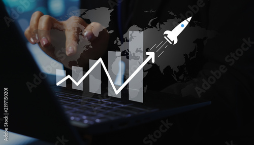 Global Business Growth Concept With Digital Rocket And Laptop