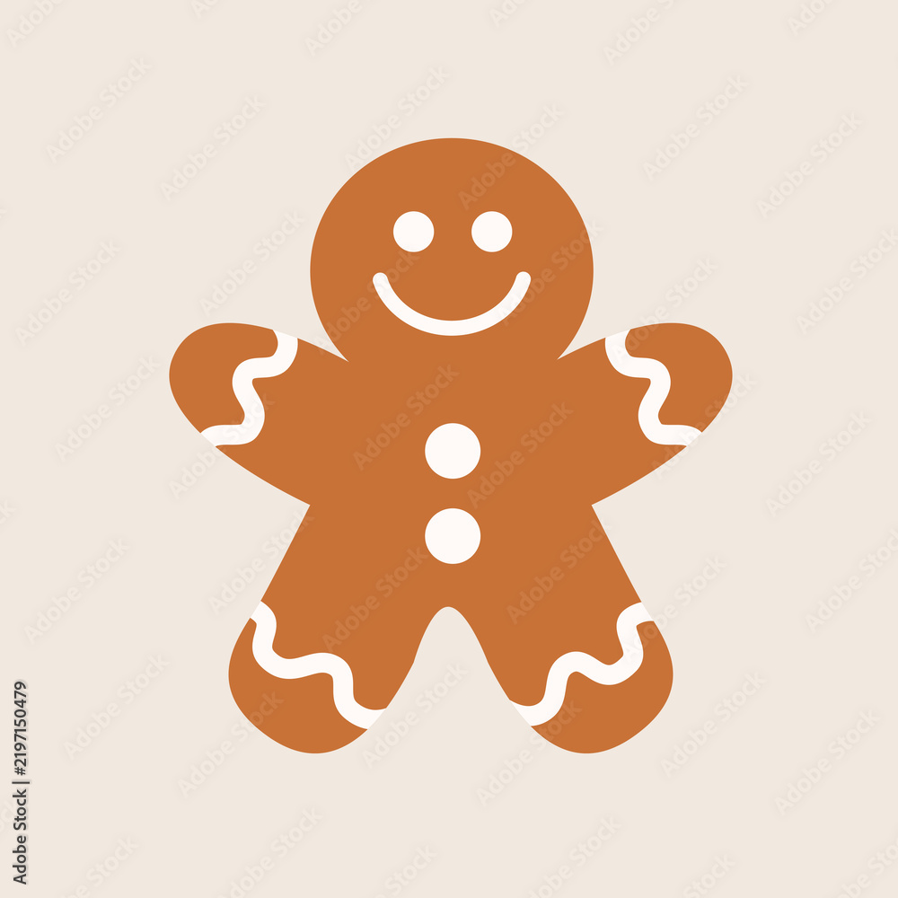 Obraz premium Cute gingerbread man icon. Sweet Christmas cookie character with smiling face expression, white glaze decoration for winter holiday card, sticker. Flat design. Isolated. White background. Vector