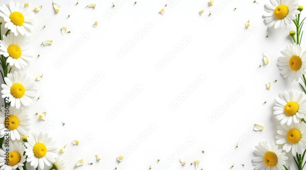 Obraz premium Delicado borde primaveral elaborado íntegramente con flores frescas de margarita y tallos verdes y esbeltos