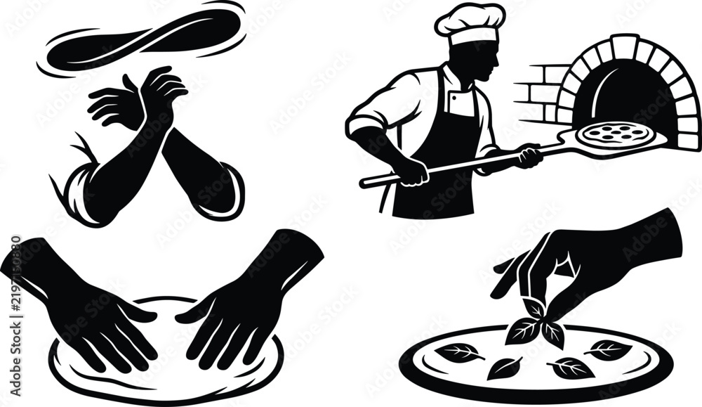 Obraz premium Pizzeria Chef Silhouette Set Featuring Artisan Pizza Making Steps from Kneading and Tossing Dough to Brick Oven Baking and Garnishing with Fresh Basil Leaves