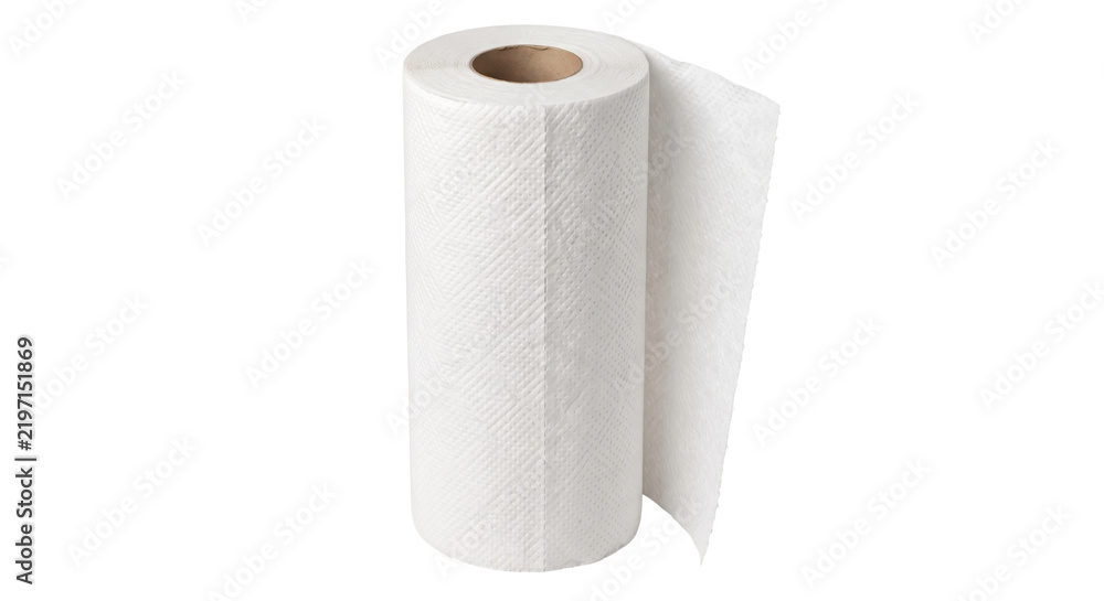Fototapeta premium Single roll of white paper towels with a textured surface stands upright on a clean white background