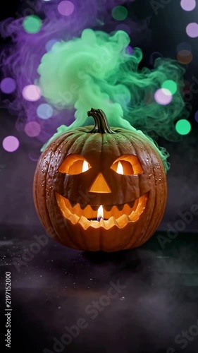 Vertical Halloween Jack O Lantern Glowing Pumpkin with Candle, Colorful Smoke Fog and Bokeh Lights Motion Background, 4K Vertical Video