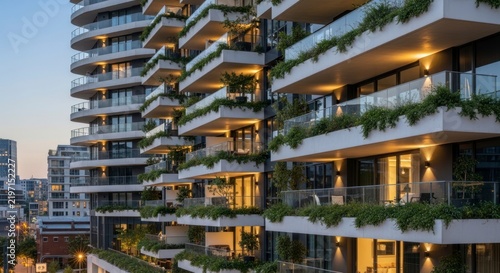 Modern apartment building with balconies.