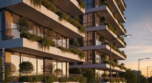 Modern apartment building exterior.