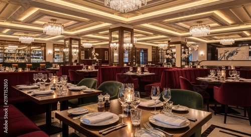 Luxury restaurant interior with tables.