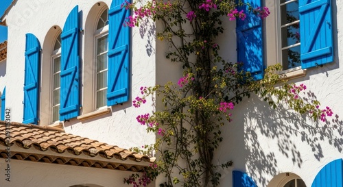 Mediterranean house with blue shutters.