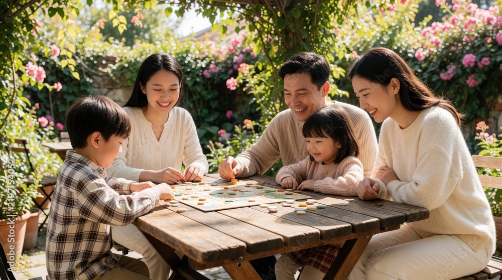 Obraz premium Happy Asian family plays board game at outdoor garden cafe. Father mother son, daughter sit around wooden table under blooming flowers. Smiling parents, kids enjoy fun leisure time together in sunny