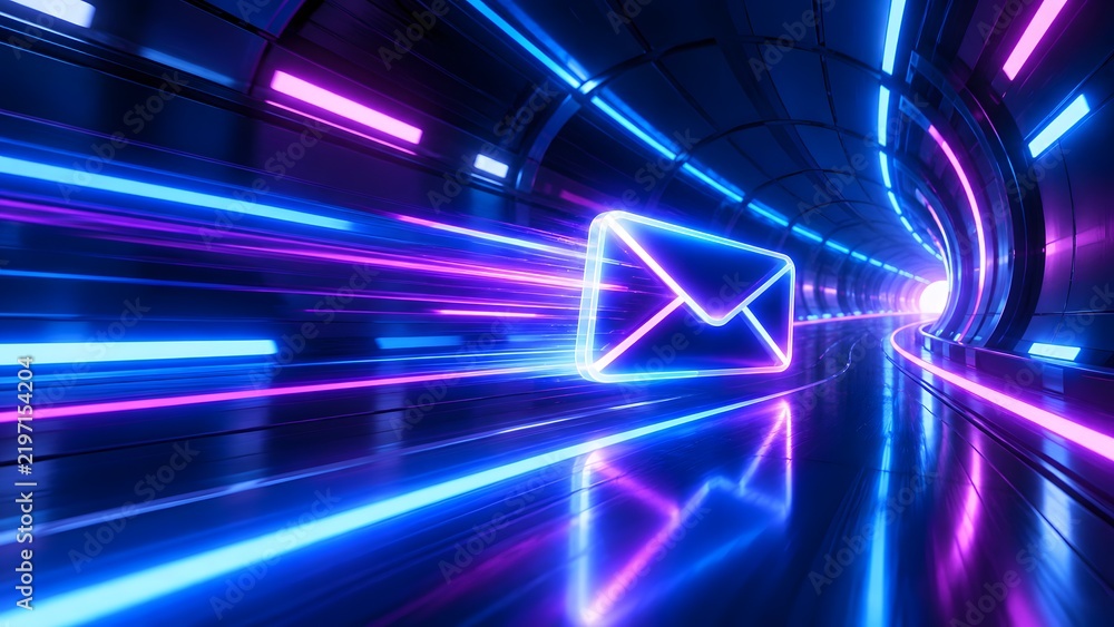 Obraz premium Glowing neon email icon speeding through futuristic illuminated tunnel representing fast digital communication
