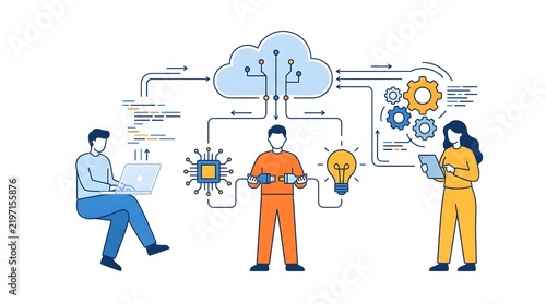 Team collaborating on cloud computing and digital innovation.