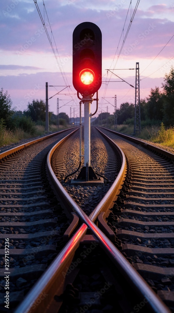 Obraz premium Red railway signal light glows on metal pole near tracks at sunset. Train signal shows stop command on junction. Iron rails diverge under purple sky. Industrial transport infrastructure provides