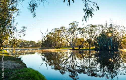 Golden sunrise light filtering through trees and reflecting on a calm lake at Weir Park, Victoria, Australia