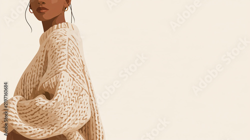 Flat vector illustration of a Black woman in an oversized beige knit sweater on a neutral minimalist background with copy space.   