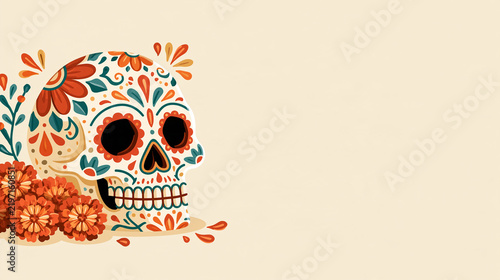 Flat vector illustration of a decorated sugar skull with colorful floral patterns and orange marigold flowers for Dia de los Muertos on a cream background with copy space.   