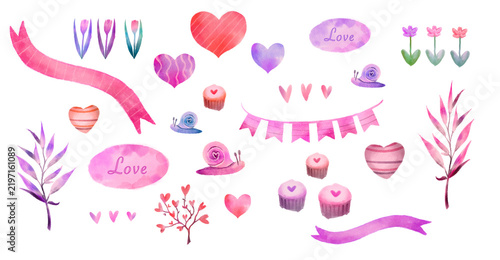 st Valentine set watercolor, love elements cute set