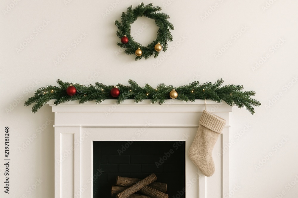 Fototapeta premium Festive fireplace with Christmas decor.