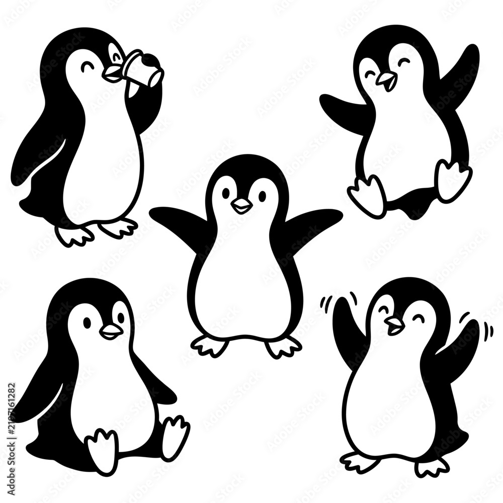 Fototapeta premium Cute cartoon penguin characters set in black and white hand drawn doodle style. vector illustration