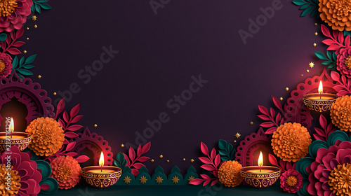 Elegant paper cut style background featuring lit diya oil lamps, marigold flowers, and floral motifs for Diwali festival design with copy space.   