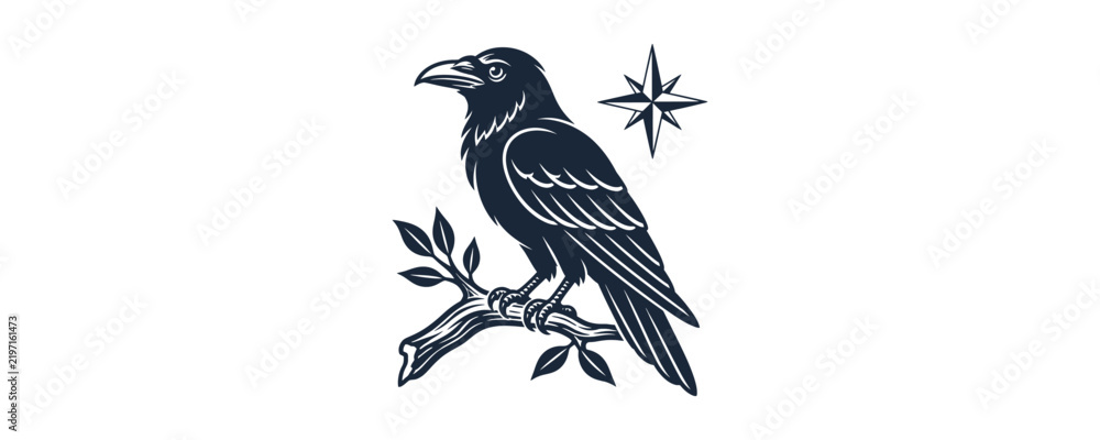 Obraz premium Vintage black raven illustration perched on a branch with celestial star symbol.