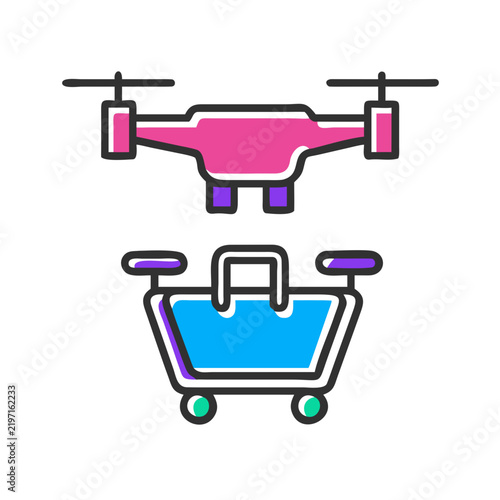 Quick drone grocery delivery service shopping basket icon