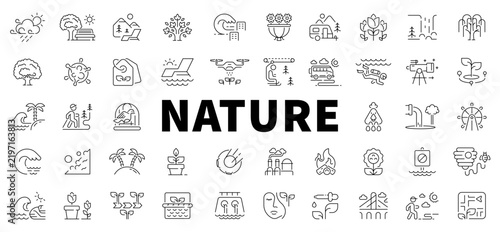 Set of editable nature stroke icons featuring environmental elements and outdoor activities design