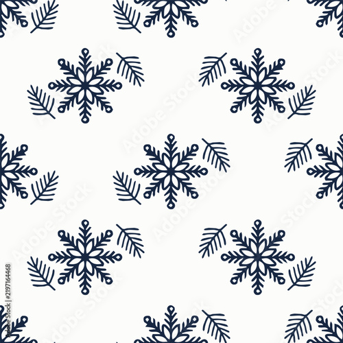 Minimalist Winter Snowflake and Pine Branch Seamless Vector Pattern