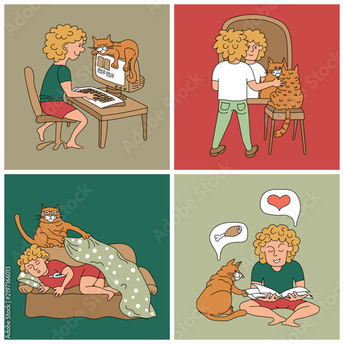 Four episodes from the daily life of a guy and his cat. Cartoon-style comic. Vector set