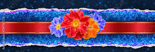 Colorful flower red ribbon blue glitter torn paper galaxy background decorative border floral design digital art cosmic