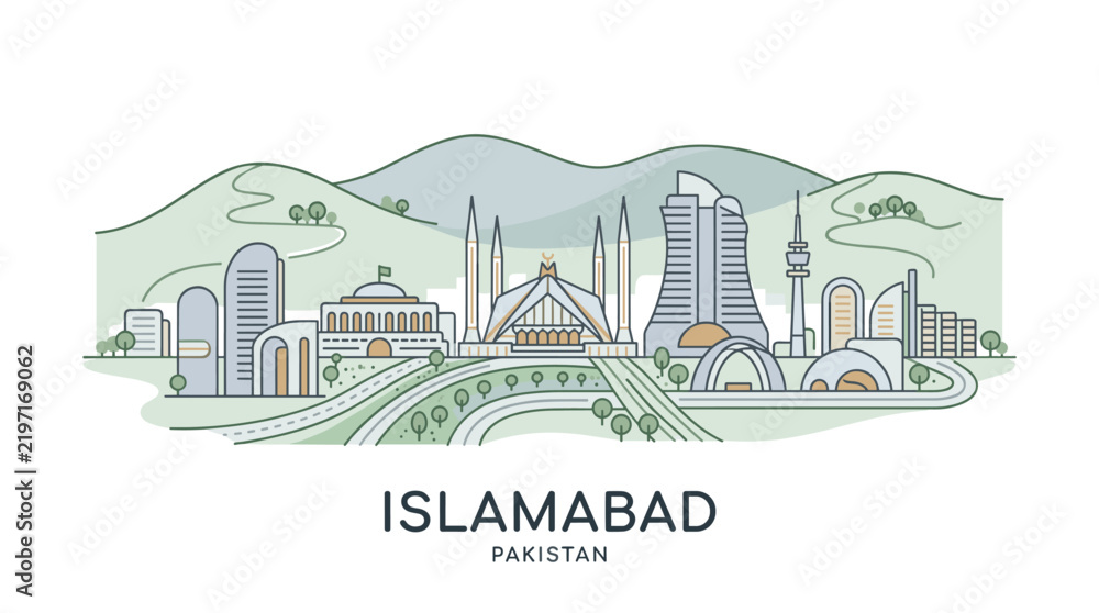 Obraz premium Stylized illustration of Islamabad cityscape featuring iconic landmarks and rolling hills in a minimalist aesthetic