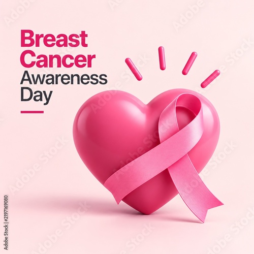 Pink heart icon wrapped by a satin awareness ribbon for breast cancer awareness month on a soft