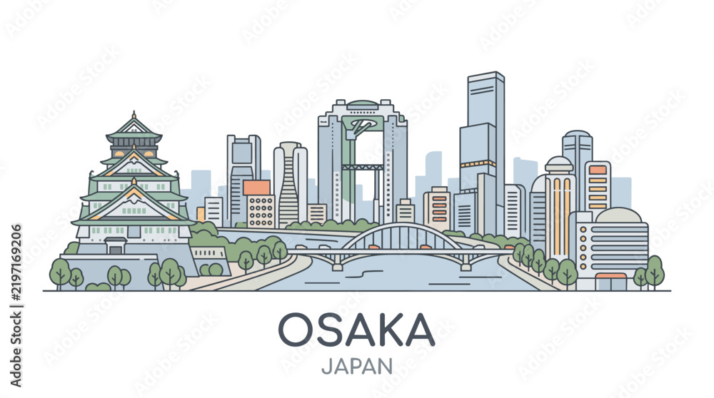 Obraz premium Stylized illustration showcasing Osaka's skyline blending historical castle with modern skyscrapers in Japan