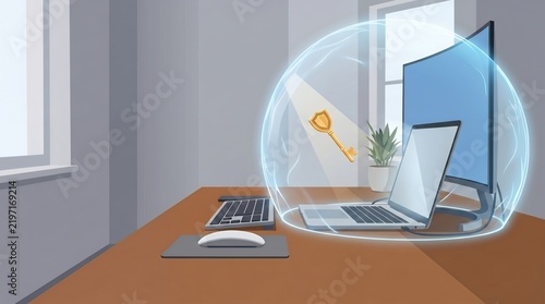 Digital Illustration Cyber Security Shield Protecting Laptop Computer Workstation Background Concept
