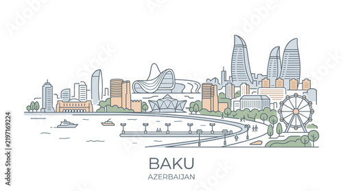 Minimalistic Line Art Illustration of Baku Cityscape with Modern Architecture and Waterfront Views in Azerbaijan