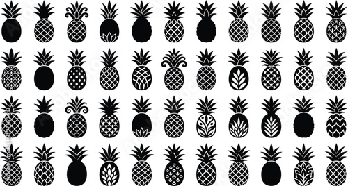 Black pineapple silhouette pattern collection with tropical fruit designs arranged