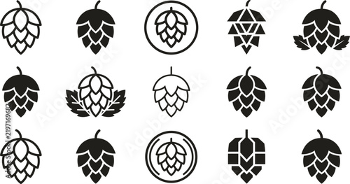 Black and white hop cone botanical icon collection with decorative geometric designs