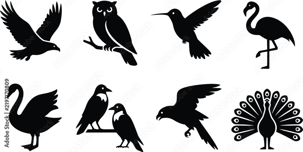 Fototapeta premium Black and white set of various birds, including owl, flamingo, peacock, swan, hummingbird, eagle, and crow silhouettes